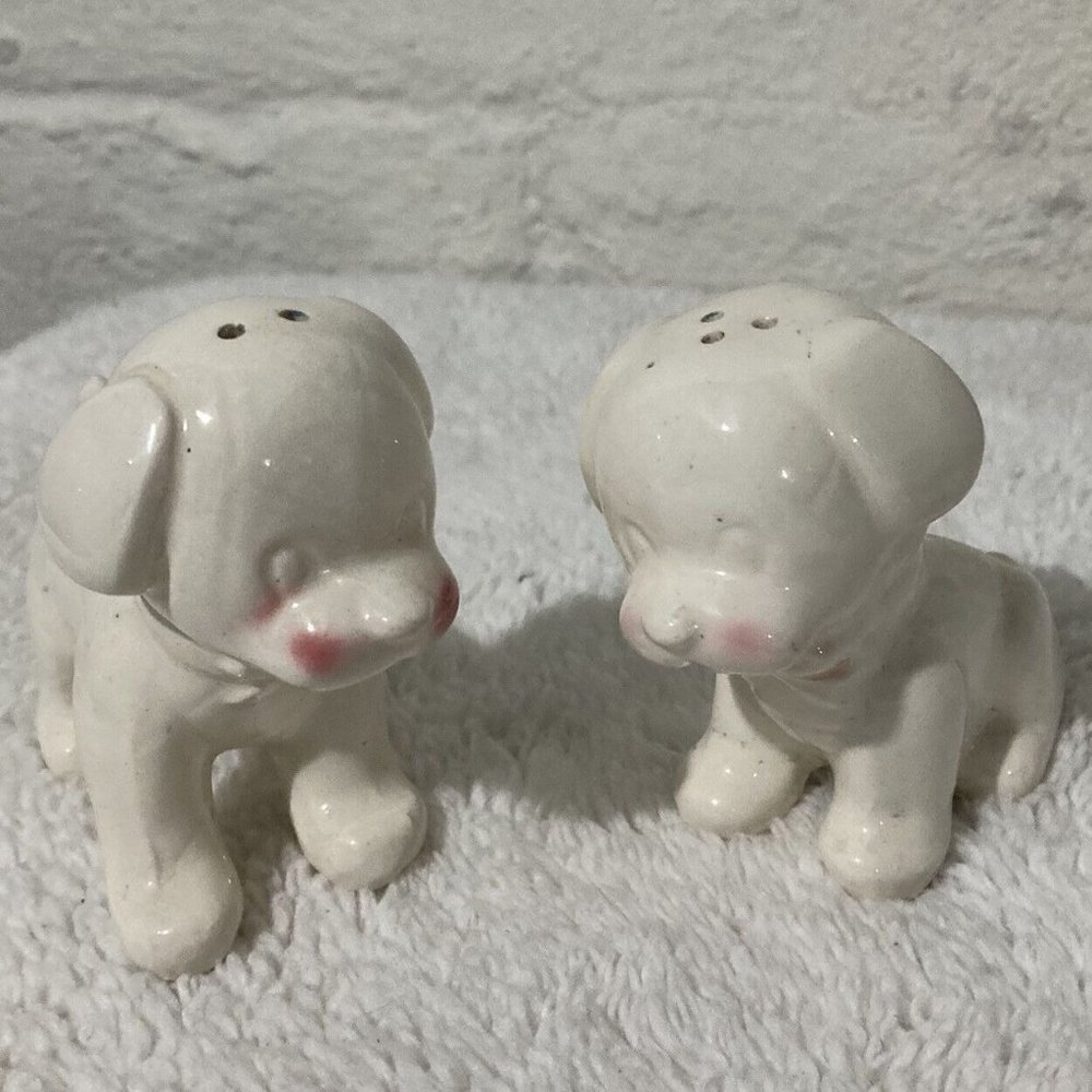 Vintage White Cute Puppy Dog Salt Shakers - 3”